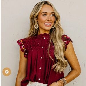 Elegant Burgundy Ruffle Sleeve Blouse